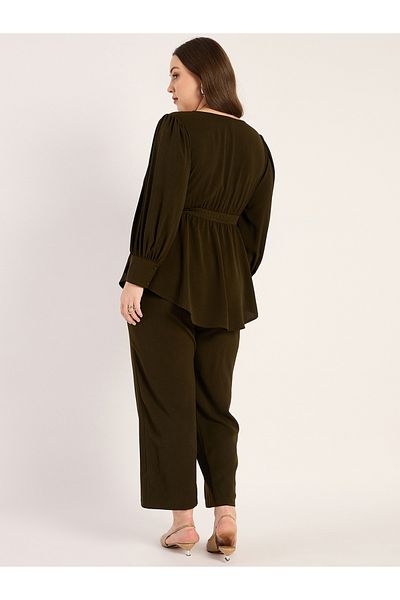 Femmella By Styli Plus Size Crinkled V Neck Top and Pants Co-Ords