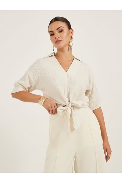 Styli Textured V-Neck Tie-Up Detail Top