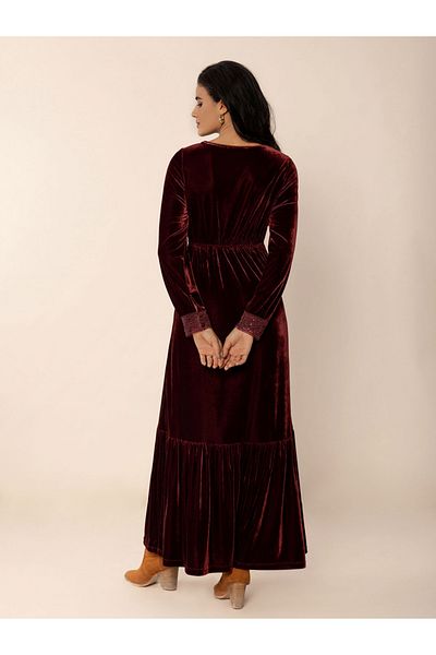 Russty Dustty By Styli Solid Velvet Lace Trim Long Sleeve Maxi Dress