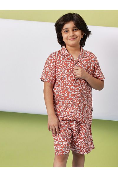 Stylo Bug By Styli Brown Rayon Printed Shirt & Shorts Set for Boys