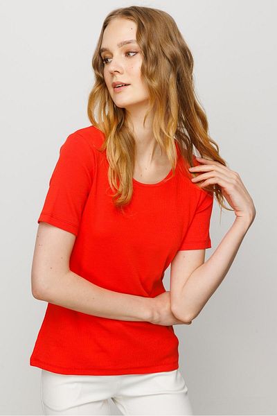 Desen Triko Tricou cu mânecă scurtă din bumbac, cu gât turnu, pentru femei, portocaliu