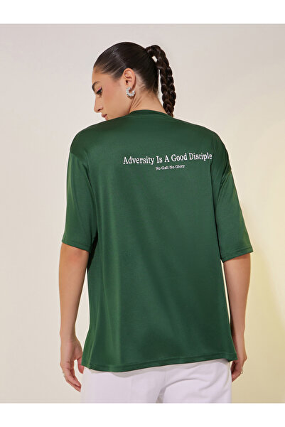 Take Two By Styli Women Green Slogan Print Short Sleeve Oversized T-Shirt