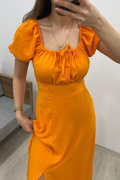 Nazline Short Balloon Sleeve Tie Front Square Neck Dress