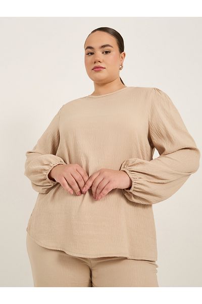 Styli Plus Size Balloon Sleeve Top with Back Bow Detail