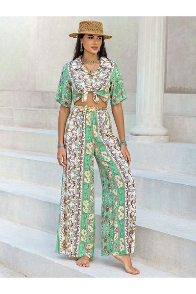 Russty Dustty By Styli Floral Printed Tie-Up Blouse with Wide Leg Pants Co-Ords
