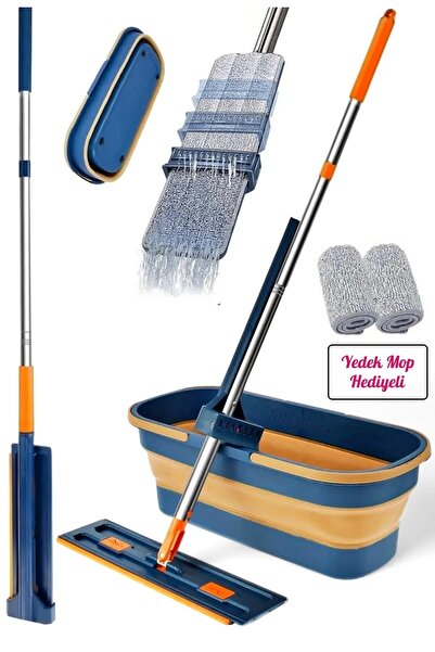 Tilbe Home Kendinden Sıkmalı Kovalı Mop Seti - Kendinden Sıkmalı Mop Katlanabilir Tekerlekli Kova 1 Yedek Bez