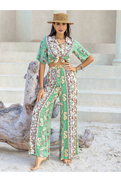 Russty Dustty By Styli Floral Printed Tie-Up Blouse with Wide Leg Pants Co-Ords