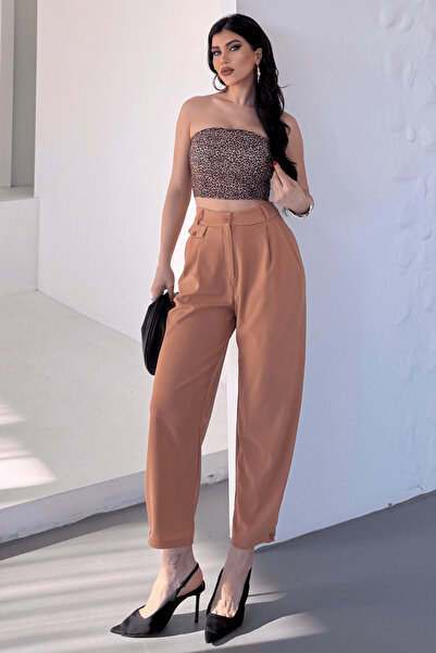 Paw Garage Γυναικείο υφασμάτινο παντελόνι Jessia με κουμπιά στη μέση και τα πόδια, μοντέλο ελαστικό ύφασμα