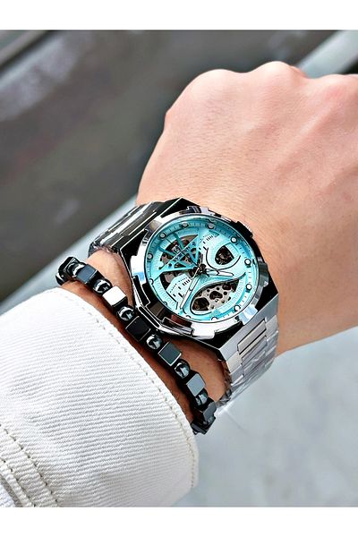 Reward Silver Color Kaaba Pattern Automatic Mechanism Men's Wristwatch + Bracelet