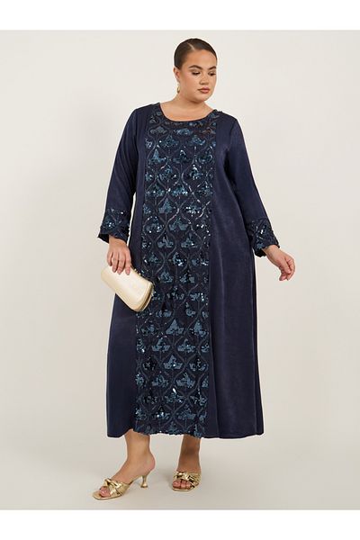 Styli Plus Size Sequin Panelled Satin Jalabiya