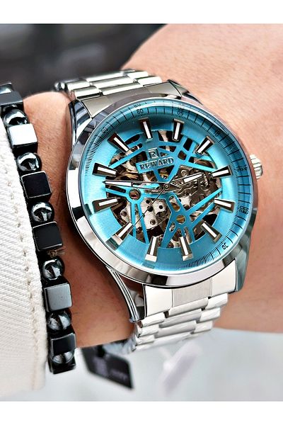 Reward Silver Color Skeleton Model Automatic Steel Band Men Wristwatch + Bracelet