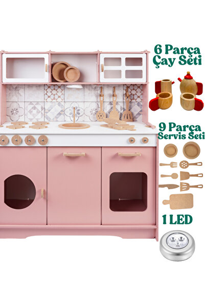 HOBBY HOUSE Ahşap Oyuncak Çocuk Mutfak Çay Seti ve Led Hediyeli Elizya