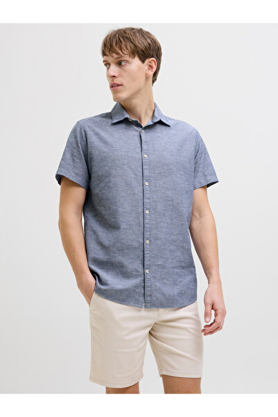 REBEL By Styli قميص موس صني سادة بأكمام قصيرة وقصة عادية