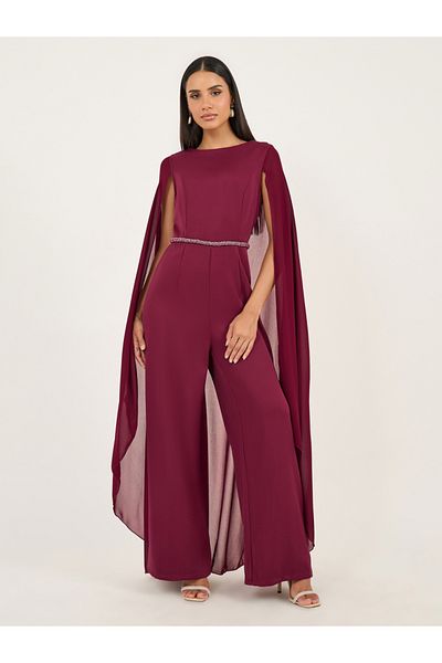 Styli Faux Pearl Detail Waist Cape Sleeves Wide Leg Tailored Jumpsuit