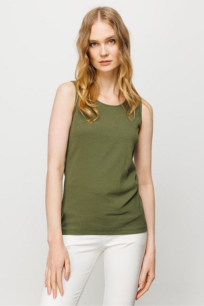 Desen Triko Tricou de damă cu gât roșu și curea din bumbac kaki
