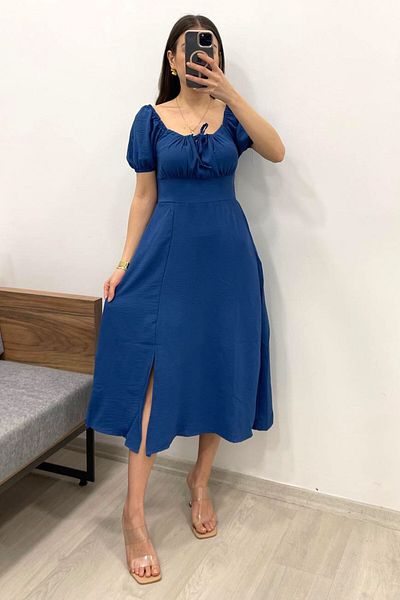 Nazline Short Balloon Sleeve Tie Front Square Neck Dress