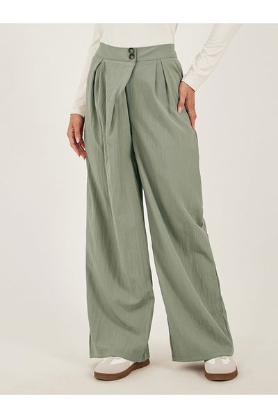 Styli Solid Twill Pleated Wide Leg Pants with Cross Waistband