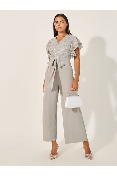 Styli Embroidered Layered Ruffled Sleeves Wide Leg Jumpsuit