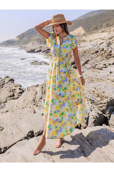 Russty Dustty By Styli Floral Printed V-Neck Short Sleeve Maxi Dress