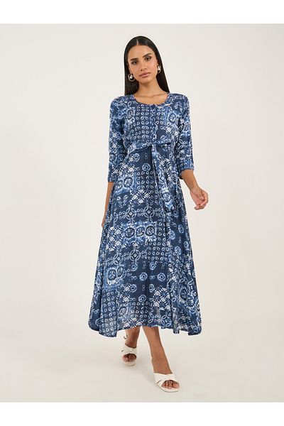 Styli All-Over Print 3/4 Sleeve A-Line Midi Dress with Tie-Up