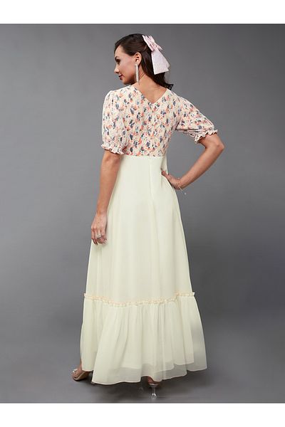 Styli Lace Insert Ruched Detail Puff Sleeve Maxi Dress