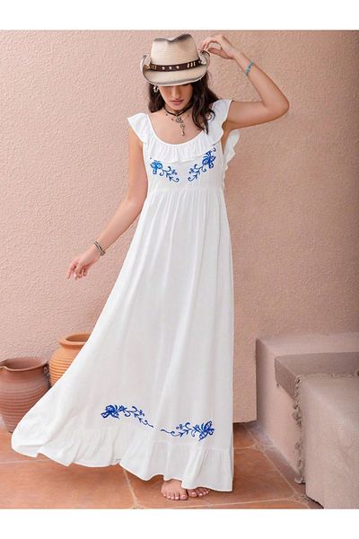 Russty Dustty By Styli Floral Embroidery Scoop Neck Maxi Dress