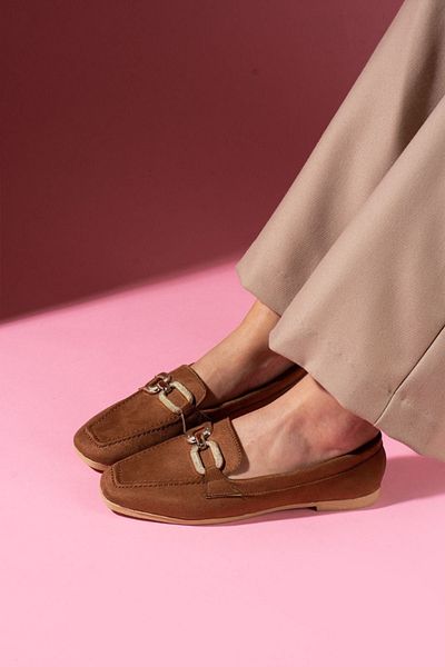 STOCON Marlin Black Suede Loafer Παπούτσια Μπαλαρίνα με χρυσά αξεσουάρ