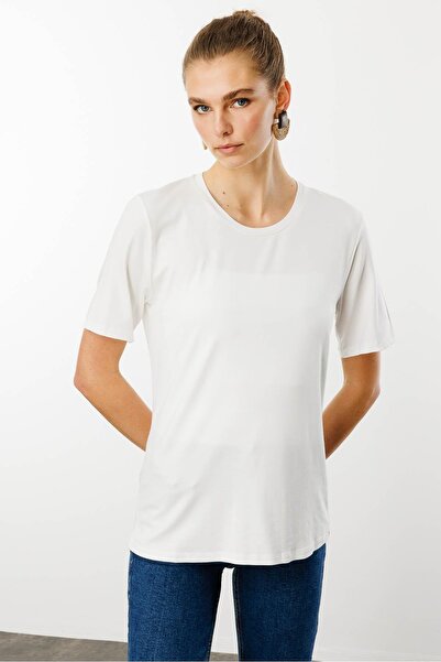 Desen Triko Жіноча футболка Екру з круглим вирізом Basic