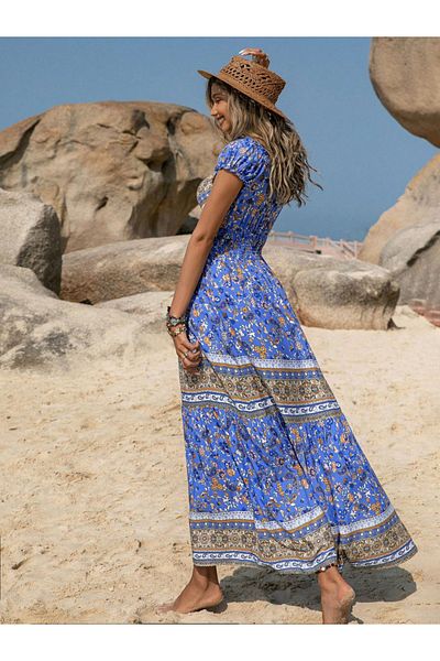 Russty Dustty By Styli Printed V Neck Cap Sleeve Maxi Dress