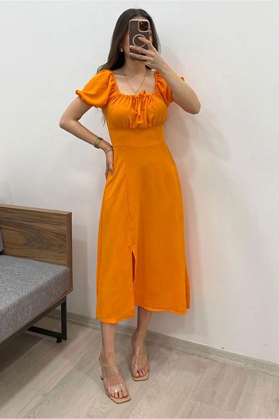 Nazline Short Balloon Sleeve Tie Front Square Neck Dress