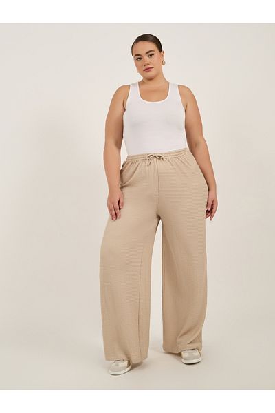 Styli Plus Size Textured Wide Leg Trousers with Drawstring