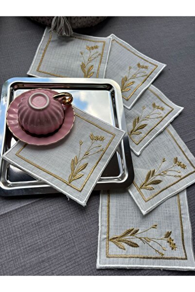 LUXURY 6 مناديل تقديم جانبية للقهوة مع تفاصيل فرعية مطرزة بالذهب
