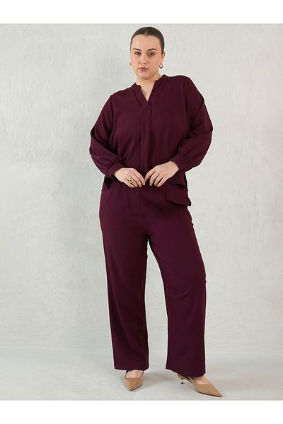Femmella By Styli Plus Size Solid Collared Top and Pants Co-Ords
