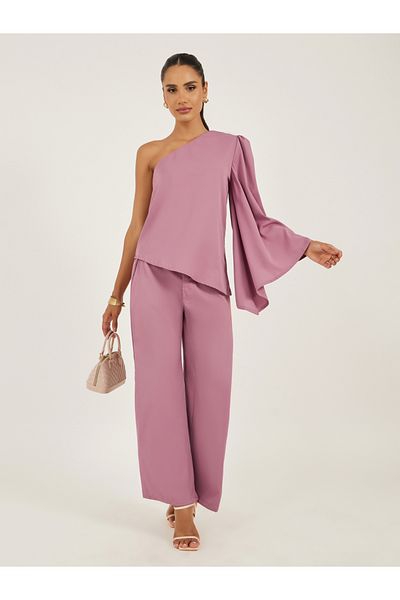 Styli Pink One Shoulder Top and Flared Trousers Co-Ords