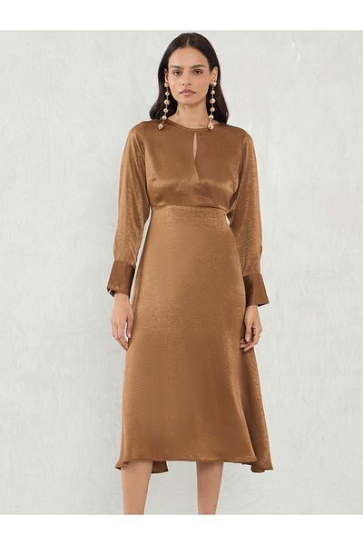 Femmella By Styli Solid Keyhole Neck Satin A-Line Midi Dress