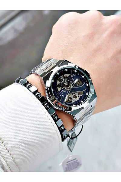Reward Silver Color Kaaba Pattern Automatic Mechanism Men's Wristwatch + Bracelet