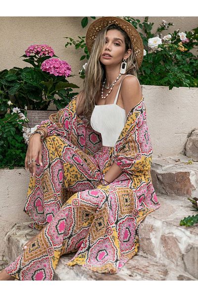 Russty Dustty By Styli All-Over Print Kimono and Wide Leg Pants Co-Ords