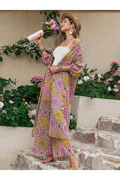 Russty Dustty By Styli All-Over Print Kimono and Wide Leg Pants Co-Ords