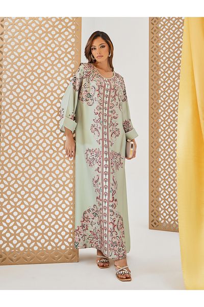 Styli Printed Jalabiya with Faux Pearl Embroidery