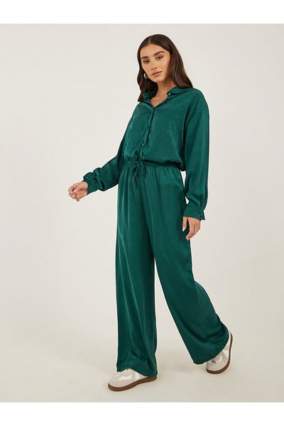 Styli Women Green Textured Satin Shirt and Wide Leg Trousers Co-Ords