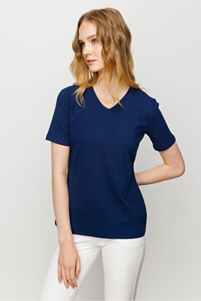 Desen Triko Γυναικείο T-shirt με λαιμόκοψη V βαμβακερό μπλουζάκι Navy Blue