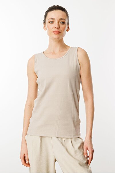 Desen Triko Μπεζ γυναικείο μπλουζάκι με λαιμόκοψη καμισόλα με βαμβακερό λουράκι