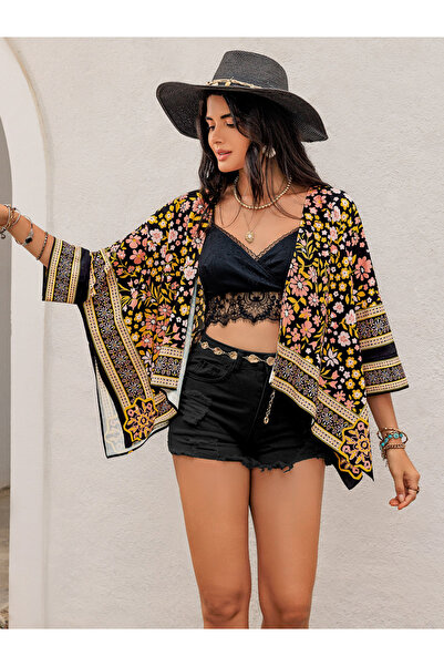 Russty Dustty By Styli Floral Print Batwing Sleeve Asymmetric Hem Kimono