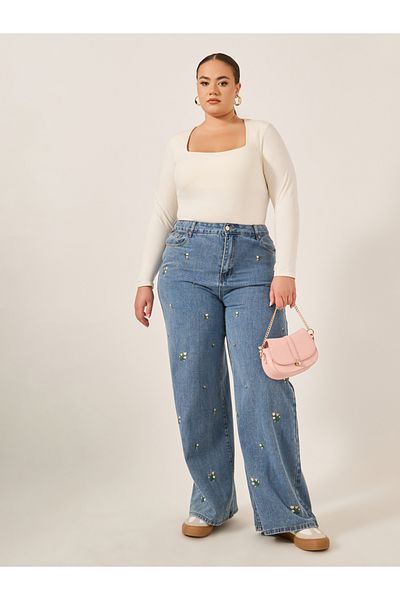 Styli Plus Size High Rise Embroidered Wide Leg Jeans