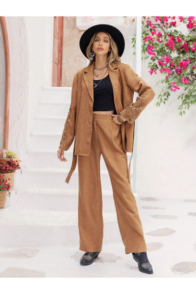 Russty Dustty By Styli Solid Long Sleeve Blazer with Straight Leg Pants Co-Ords
