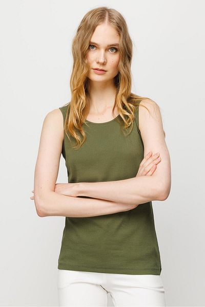 Desen Triko Tricou de damă cu gât roșu și curea din bumbac kaki