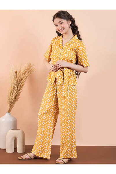 Stylo Bug By Styli Yellow Printed Collared Top & Trouser Set for Girls