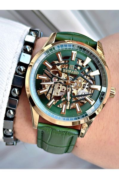 Reward Green Color Leather Cord Skeleton Model Automatic Men Wrist Watch + Bracelet
