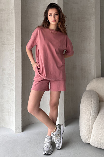 EYYE Gül Kurusu Pamuklu Oversize Tişört Şort Kadın İkili Takım