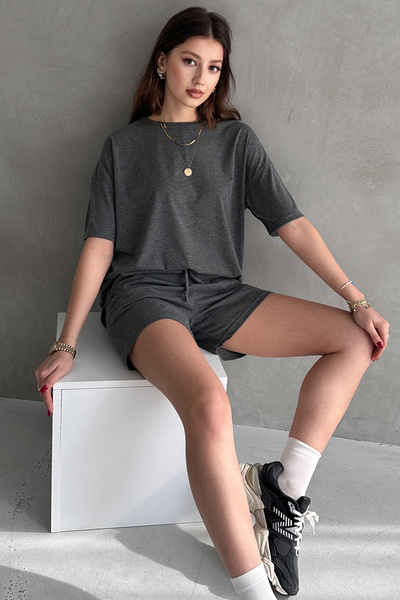 EYYE Anthracite Cotton Oversize T-Shirt Shorts Women's Two Piece Set